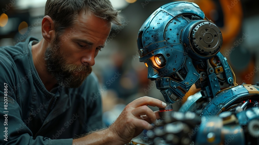 man repairing a robot man repairing a robot