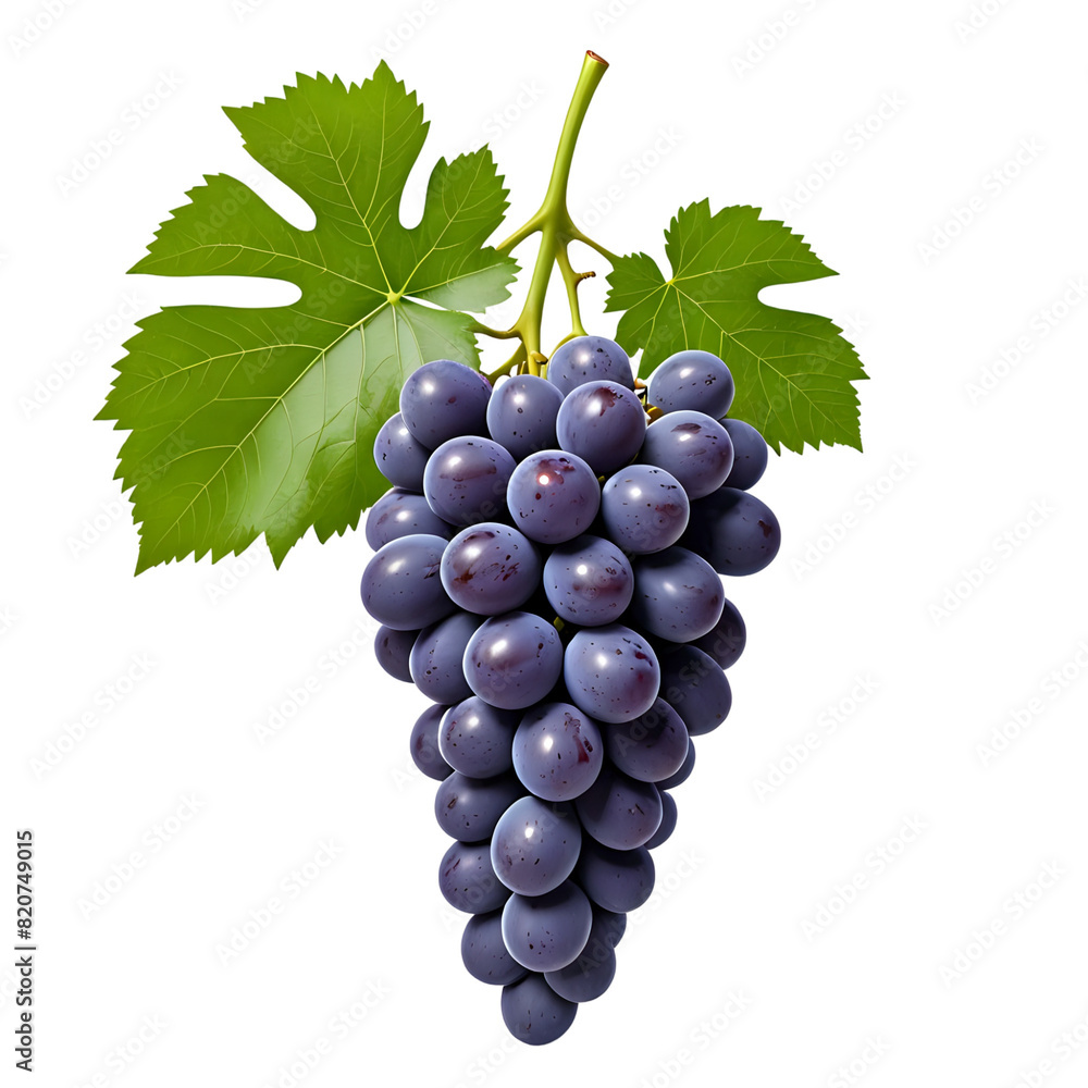 Fototapeta premium A grape with stem and leaves isolated on transparent background and 3D render