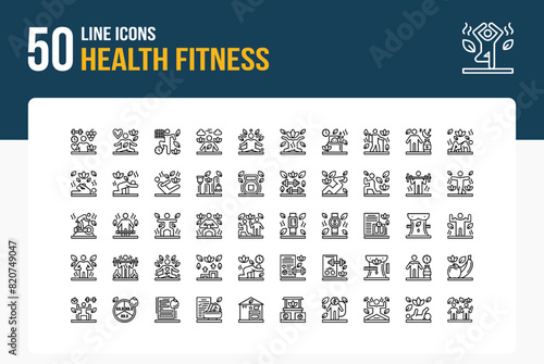 Set of 50 Health Fitness icons related to Wellness, Fitness, Exercise, Nutrition Line Icon collection
