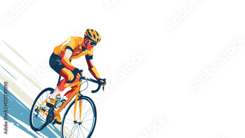 A dynamic illustration of a cyclist in motion, wearing a yellow jersey and helmet, riding a racing bicycle. The background features abstract blue and white streaks, emphasizing speed and movement. 