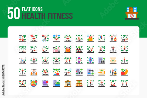 Set of 50 Health Fitness icons related to Wellness, Fitness, Exercise, Nutrition Flat Icon collection