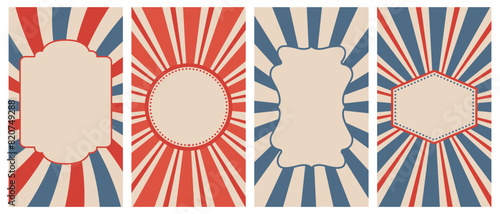Vector set of vertical circus posters. Retro backgrounds with rays. Vector illustration.