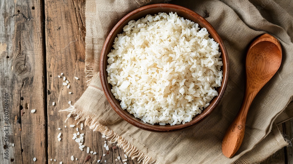 A wooden bowl filled with cooked white rice sits on a wooden table next to a wooden spoon. Generative AI A wooden bowl filled with cooked white rice sits on a wooden table next to a wooden spoon. Generative AI