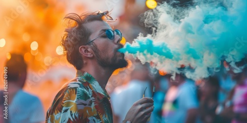 Man Vaping at an Outdoor Festival with Colorful Smoke