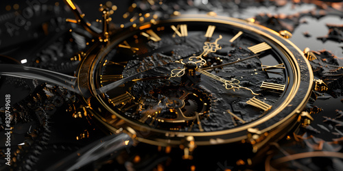 Clockwork Precision Gears and Cogs Mechanism of a Watch with black watch background. 