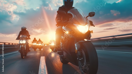 Group of motorcyclists riding on highway at sunset with vibrant sky. photo