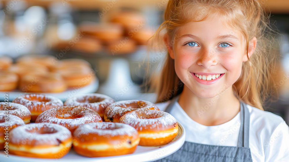 Delighted child presenting fresh donuts Delighted child presenting fresh donuts