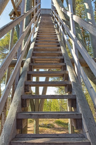 View of steps of wooden Toivoniemi bird watching tower  Inari  Lapland  Finland.