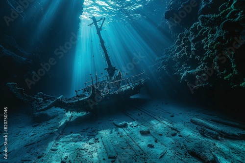 a boat in the middle of a deep blue ocean photo