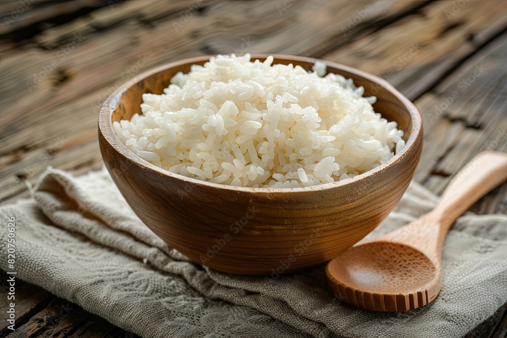 A wooden bowl filled with cooked white rice is placed next to a wooden spoon on a wooden table. Generative AI A wooden bowl filled with cooked white rice is placed next to a wooden spoon on a wooden table. Generative AI