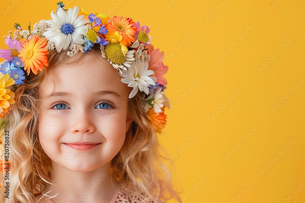 A close-up portrait of a smiling, radiant child with an angelic face, wearing a wreath of fresh, blooming spring flowers, set against an orange-yellow background. A close-up portrait of a smiling, radiant child with an angelic face, wearing a wreath of fresh, blooming spring flowers, set against an orange-yellow background.