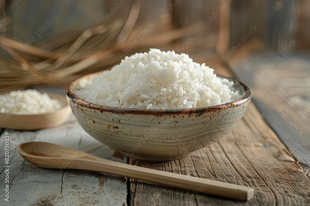 A bowl filled with white rice sits on a wooden table next to a wooden spoon. Generative AI A bowl filled with white rice sits on a wooden table next to a wooden spoon. Generative AI