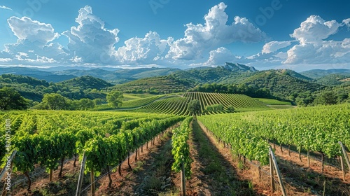 Panoramic view of a lush vineyard with rows of grapevines  blue sky and fluffy clouds overhead