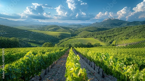 Beautiful vineyard with symmetrical rows of grapevines, mountains and a clear blue sky in the background