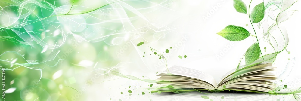 Open book with green leaves and whimsical swirls on a bright abstract background Open book with green leaves and whimsical swirls on a bright abstract background