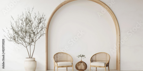 A minimalist interior wall with an arched wooden window and two rattan chairs, featuring a white background and wood grain elements. 