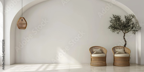 A minimalist interior wall with an arched wooden window and two rattan chairs, featuring a white background and wood grain elements.  photo