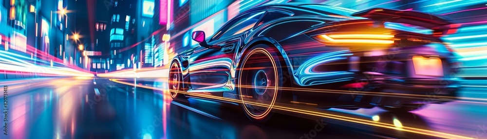 Sleek sports car speeding through a vibrant city at night, captured with dynamic neon lights and motion blur for a futuristic look. Sleek sports car speeding through a vibrant city at night, captured with dynamic neon lights and motion blur for a futuristic look.