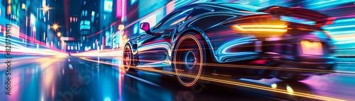 Sleek sports car speeding through a vibrant city at night, captured with dynamic neon lights and motion blur for a futuristic look.