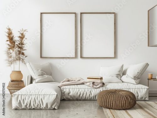 Cozy Interior with Two Empty Framed Art Prints