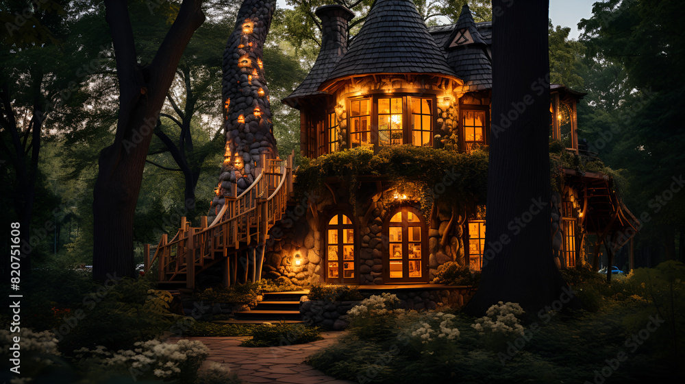 A magical fairy house nestled among trees in the dark woods, illuminated by the soft glow of moonlight.
