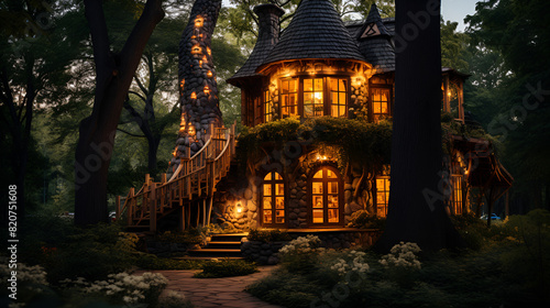 A magical fairy house nestled among trees in the dark woods  illuminated by the soft glow of moonlight.
