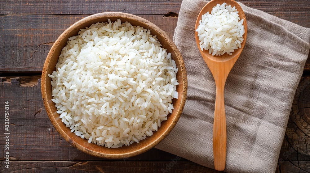 A wooden bowl filled with cooked white rice sitting beside a wooden spoon on a wooden table. Generative AI A wooden bowl filled with cooked white rice sitting beside a wooden spoon on a wooden table. Generative AI