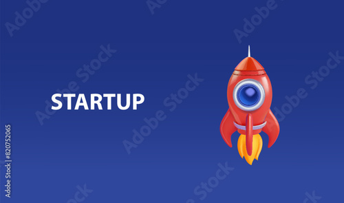 Start up Rocket space concept. Creative idea cover, Rocket launch. Space ship in blue sky. 3d cartoon. Vector illustration