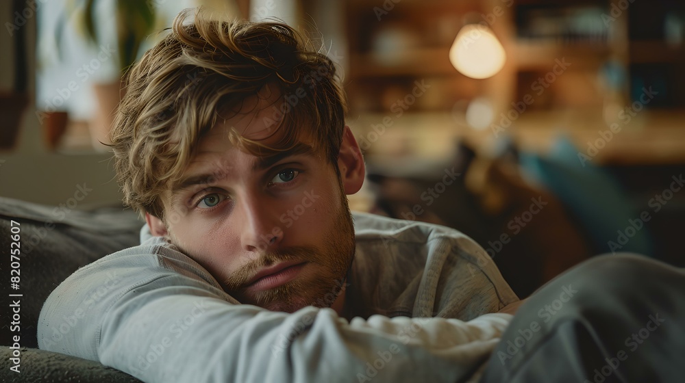 Pensive young man resting on couch, contemplative mood in cozy room Pensive young man resting on couch, contemplative mood in cozy room