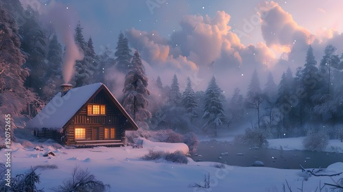 Cozy winter cabin at twilight with glowing windows amid snowy pines © Tatyana