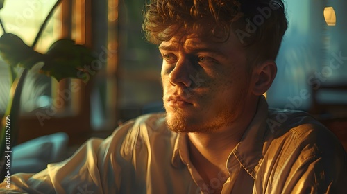 Thoughtful young man in golden hour light  casual style in indoor setting