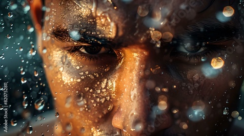 Intense gaze through water droplets on glass  a powerful human look