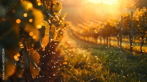 Sunset glow on vineyard grapes, golden hour among rows of vines, harvest season beauty