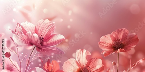 Translucent pink flowers on a dreamy background with bokeh and light flares