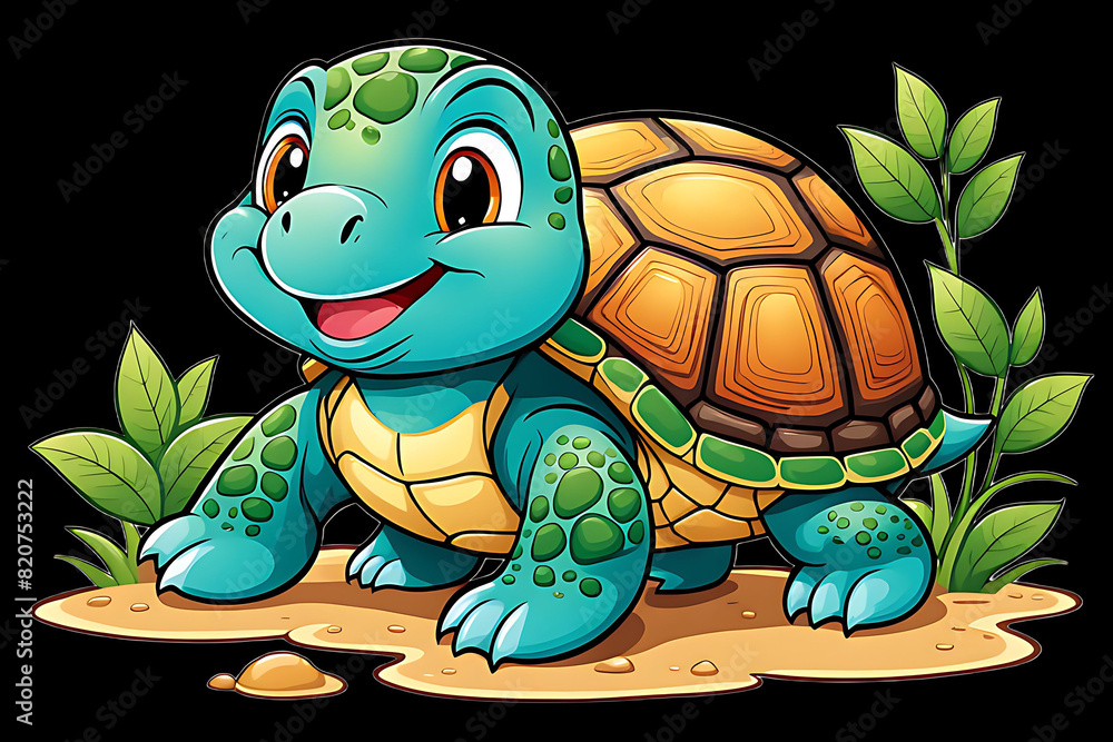 Obraz premium High-quality color illustration of a cute, fun, and smiling little cartoon turtle on a white background, perfect for a kids' coloring book cover