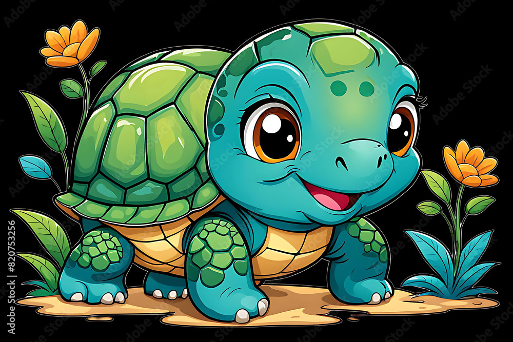 Fototapeta premium High-quality color illustration of a cute, fun, and smiling little cartoon turtle on a white background, perfect for a kids' coloring book cover