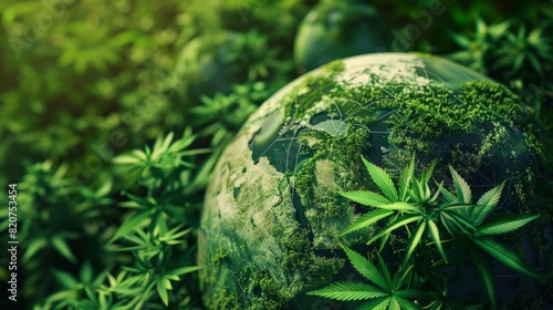 A detailed close-up of a globe enveloped by cannabis leaves, representing the global impact of medical cannabis © JP STUDIO LAB