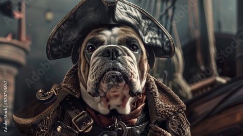 A proud and confident steampunk Bulldog dog posing as a boss pirate, dressed in a tough human gangster outfit