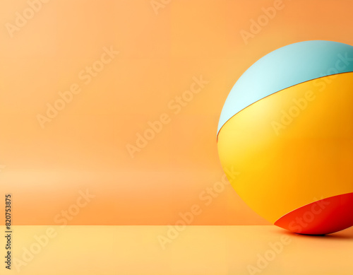 Abstract orange colored background. Large multicolored ball resting on a flat surface. The ball has three horizontal stripes in light blue, yellow and red. 