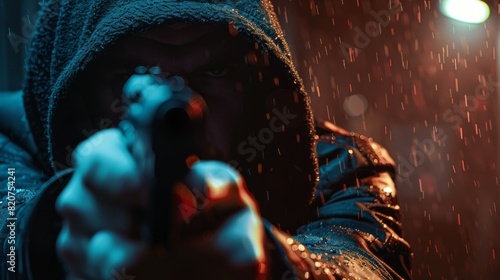 A man in a hoodie is holding a gun and looking at the camera