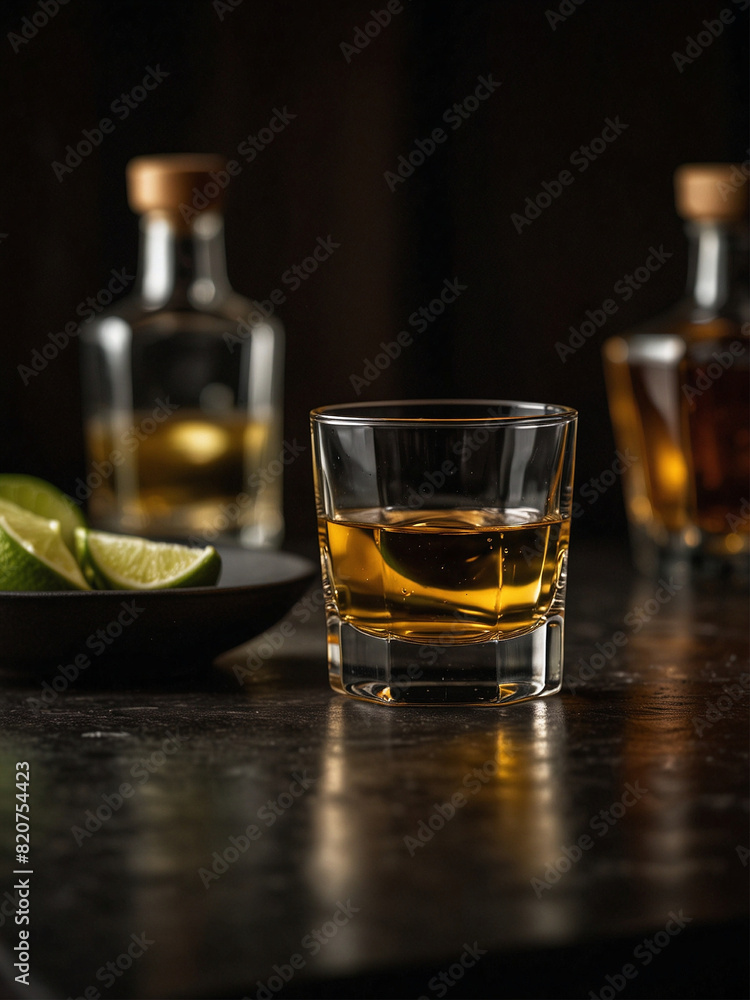 Refreshing whiskey with lime. A single glass of amber whiskey filled with lime wedges. Sits on a dark wooden table Refreshing whiskey with lime. A single glass of amber whiskey filled with lime wedges. Sits on a dark wooden table