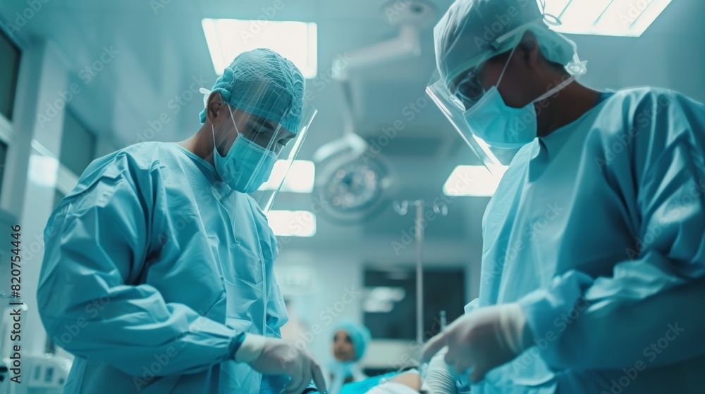 Doctors and nurses in the operating room in an environment with ambient light. Doctors and nurses in the operating room in an environment with ambient light.