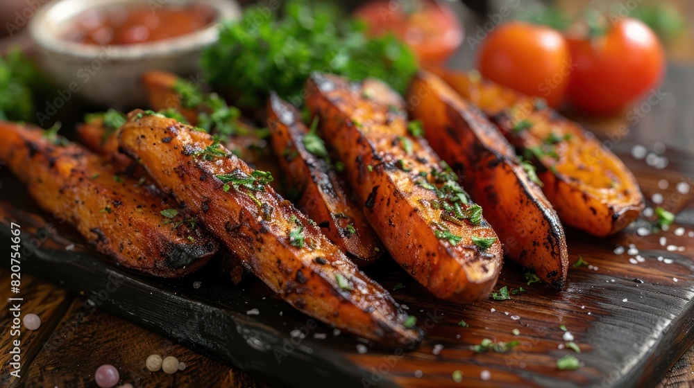 a plate of baked sweet potato fries infused with herbs and spices, garnished with chopped dill a plate of baked sweet potato fries infused with herbs and spices, garnished with chopped dill