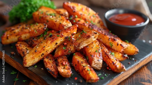 a plate of baked sweet potato fries infused with herbs and spices  garnished with chopped dill