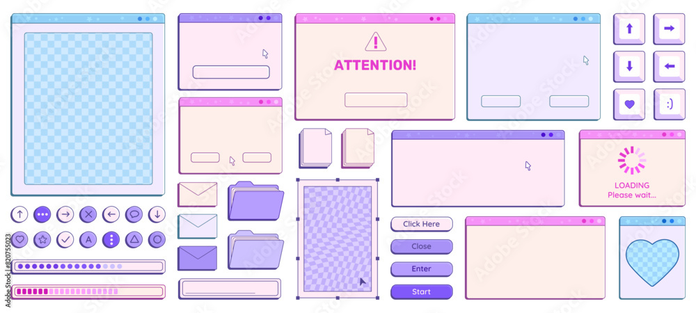 Set of Y2K retro computer empty windows templates, buttons, messages and other interface elements with copy space. Vector illustration.