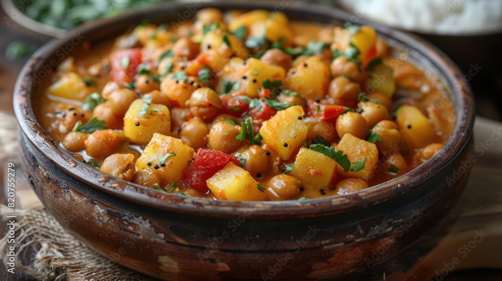 a wholesome bowl of chickpea curry loaded with thick creamy curry with chopped tomatoes garnished with coriander leaves a wholesome bowl of chickpea curry loaded with thick creamy curry with chopped tomatoes garnished with coriander leaves