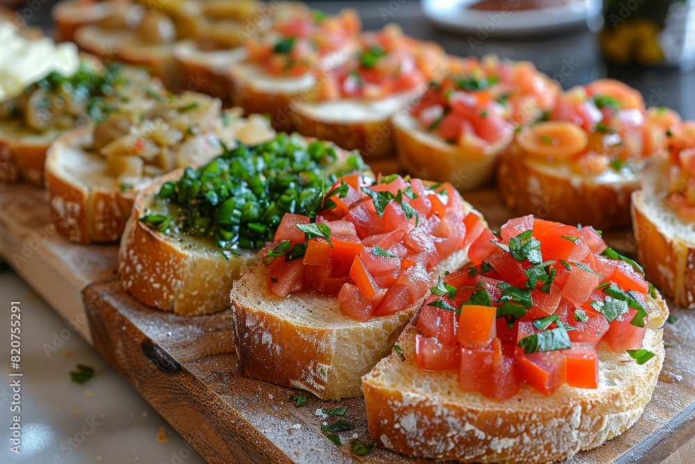 Crostini: Small toasted bread slices topped with various spreads or toppings, such as , cheese, or vegetables. Crostini: Small toasted bread slices topped with various spreads or toppings, such as , cheese, or vegetables.