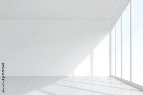 3D room space background with soft shadow. Empty white room space for interior design and decoration. 3D render.