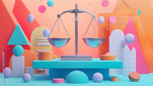 Abstract 3D Illustration of Balancing Scale With Geometric Shapes in Vibrant Colors