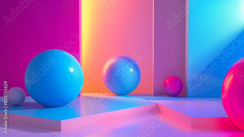 Vibrant Abstract 3D Rendering Featuring Colorful Spheres in Modern Geometric Setting